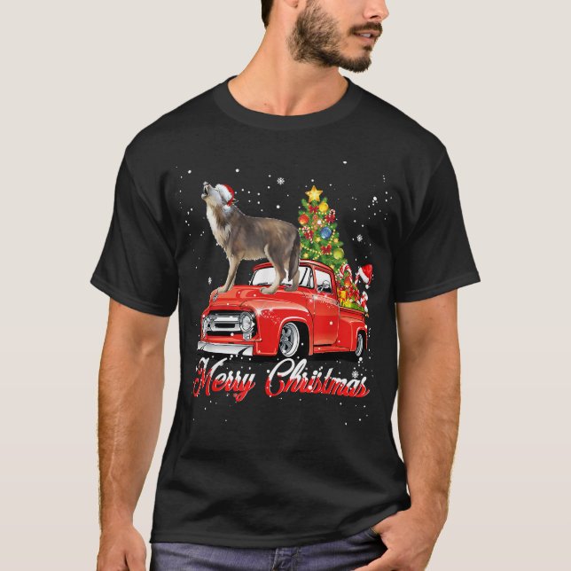 Wolf Christmas Tshirt Wolf Dog Riding Red Truck Ch (Front)