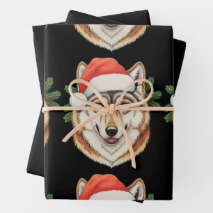 Wolf Christmas Xmas Santa Hat Animal Holiday Wrapping Paper Sheets