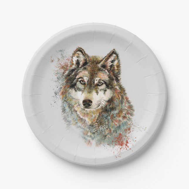 Wolf Code Inspirational Watercolor Wildlife animal Paper Plates (Front)
