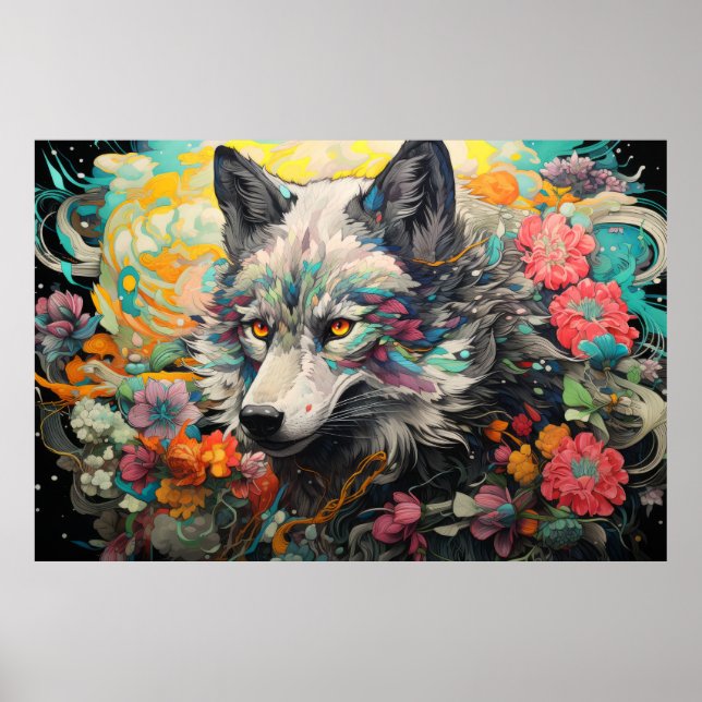 Wolf Colorful Animal Enchanting Abstract Poster (Front)