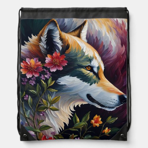 Wolf Colorful Floral Art Drawstring Bag