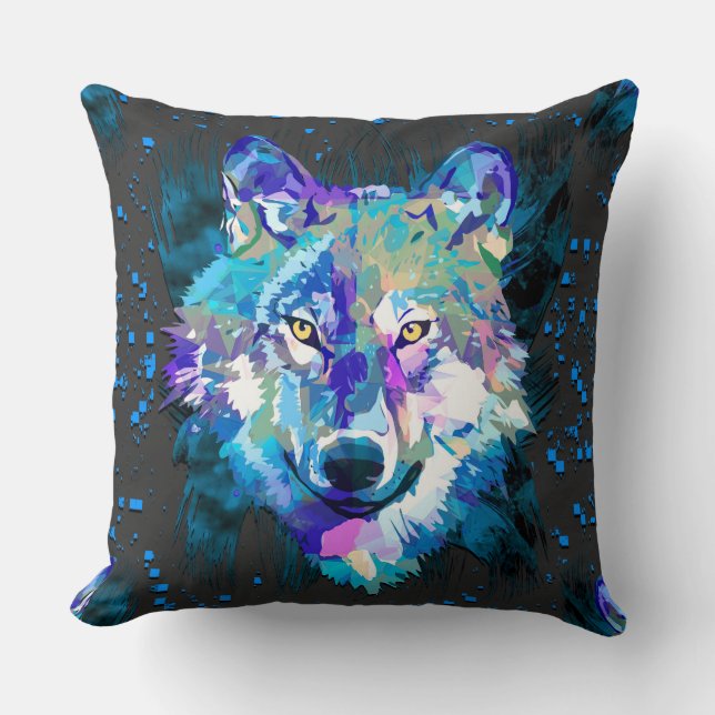 Wolf | Colorful Wolf Drawing | Gray Wolf Throw Pillow (Front)