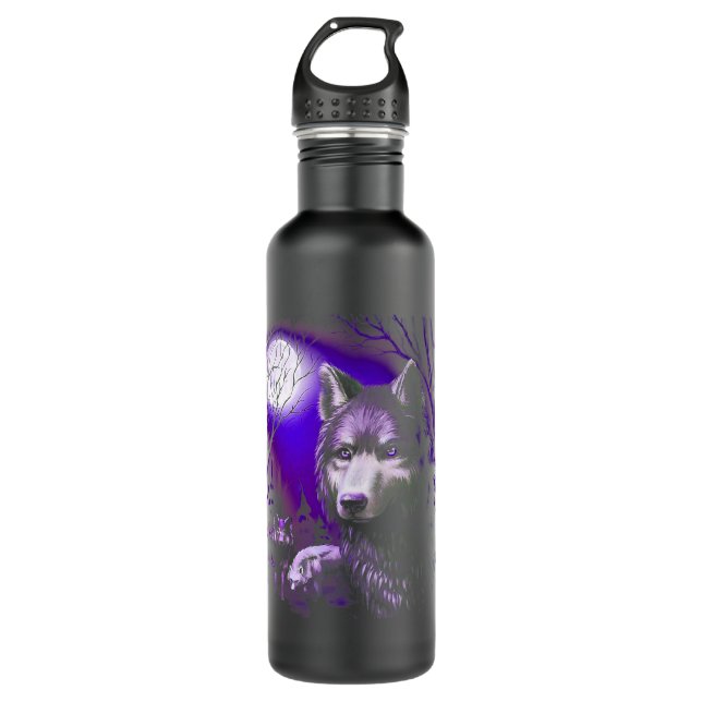 Wolf Cool Wolves Forest Tree Moon Stainless Steel Water Bottle (Front)