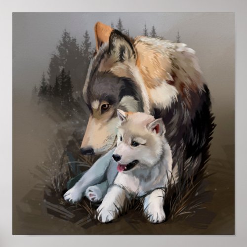 Wolf cub and his mother poster