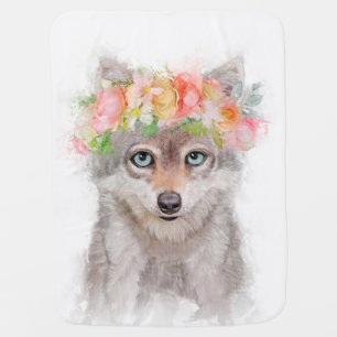 Wolf Cub Flower Crown Portrait Baby Blanket