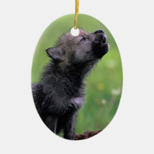 Wolf Cub Howling Ceramic Ornament