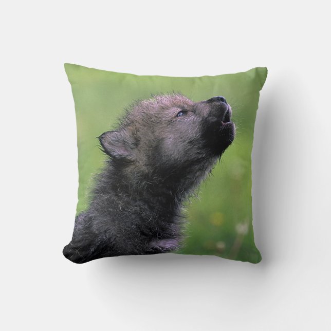 Wolf Cub Howling Throw Pillow (Front)