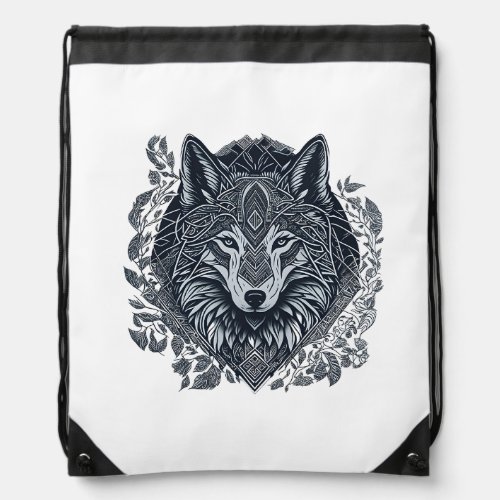 Wolf Cubism Tribal Art  Drawstring Bag