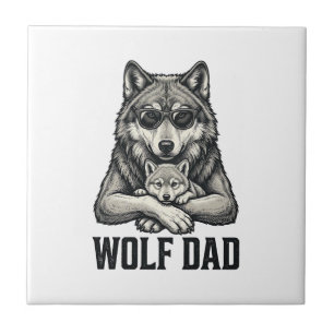 Wolf Dad Vintage Engraving Vector T-Shirt Design_1 Ceramic Tile