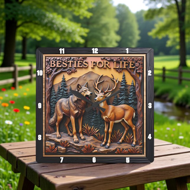 Wolf Deer Mixed Pair Forest Square Wall Clock (Creator Uploaded)