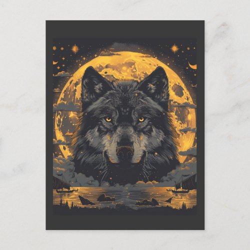 Wolf Design Postcard with Full Moon Stars