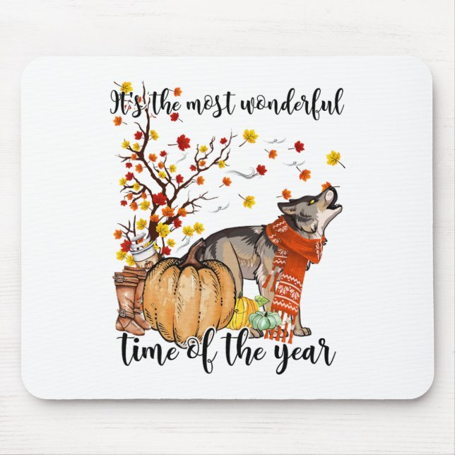 Wolf Dog Fall Pumpkins Autumn Leaf Tree  Mouse Pad (Front)