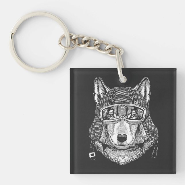 Wolf Dog Motorcycle Rider Keychain (Front)