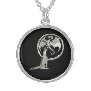 Wolf & Dragon all silver black sterling necklace