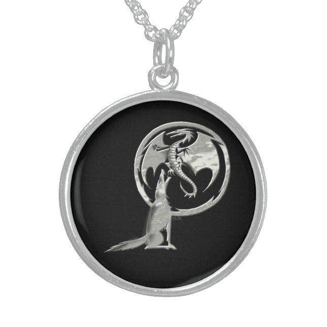 Wolf & Dragon all silver black sterling necklace (Front)