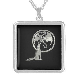 Wolf Dragon all silver blk silver plt sq necklace
