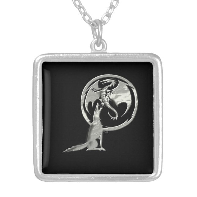 Wolf Dragon all silver blk silver plt sq necklace (Front)