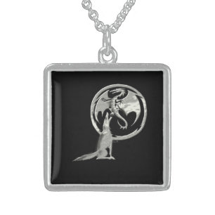 Wolf Dragon all silver blk sterling sq necklace