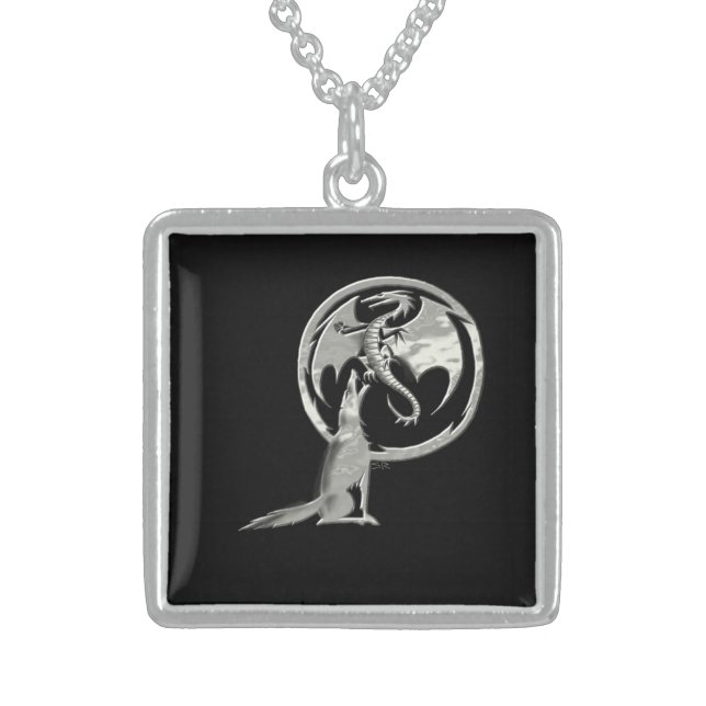 Wolf Dragon all silver blk sterling sq necklace (Front)