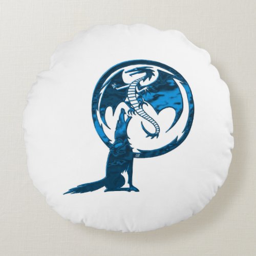 Wolf  Dragon Blue round poly throw pillow