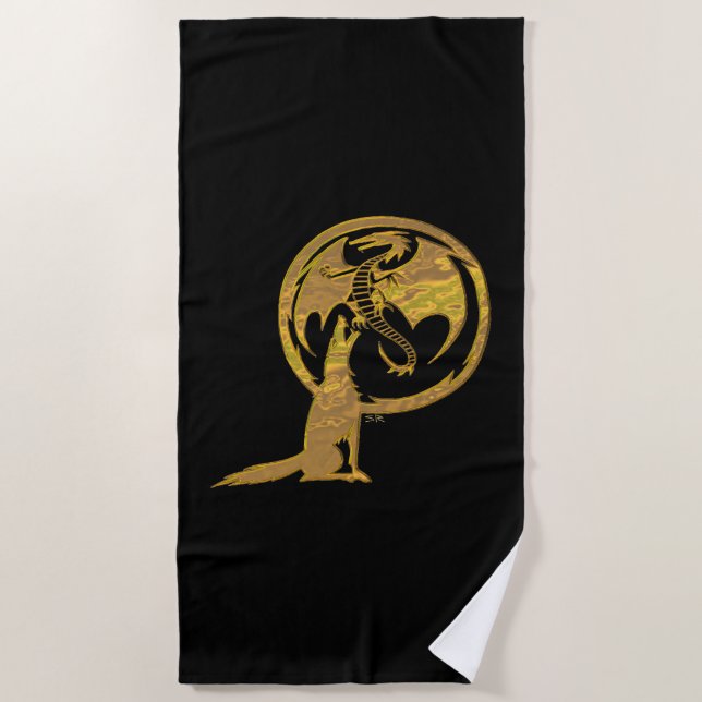 Wolf & Dragon Gold black beach towel (Front)