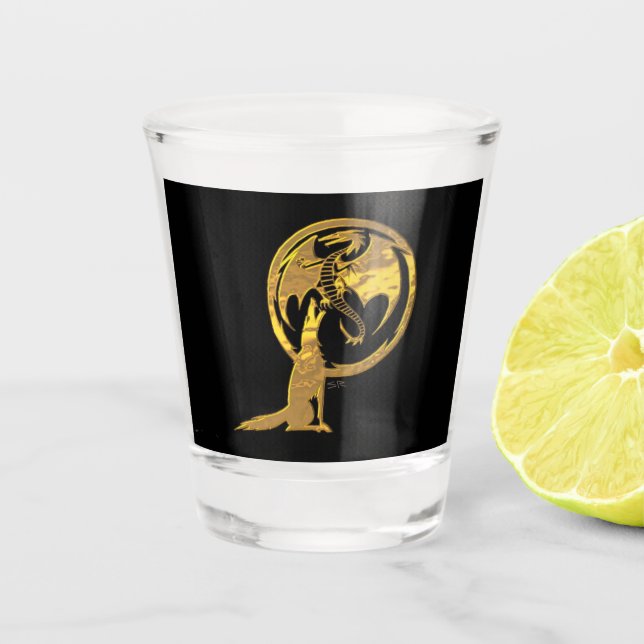 Wolf & Dragon gold black shot glass (Front)