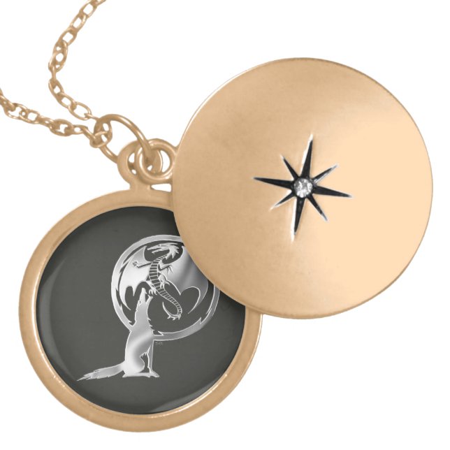 Wolf & Dragon silver gray open gold locket (Front)