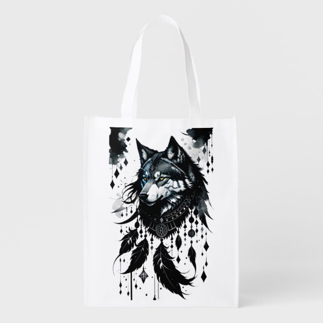 wolf, dreamcatcher, amulet, talisman, protection, grocery bag (Front)