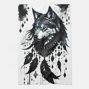 wolf, dreamcatcher, amulet, talisman, protection, kitchen towel