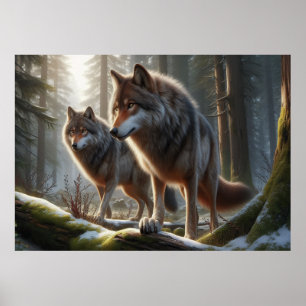 Wolf Duo in Forest 3D Look Stunning Nature Poster