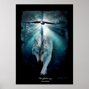 Wolf & Eagle Wildlife Gathering Art Poster