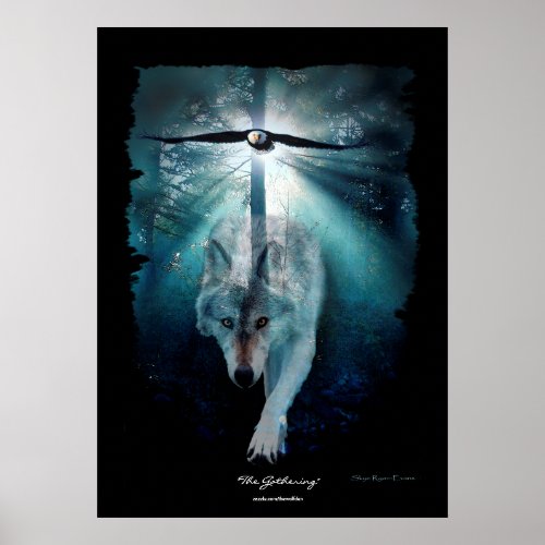 Wolf  Eagle Wildlife Gathering Art Poster