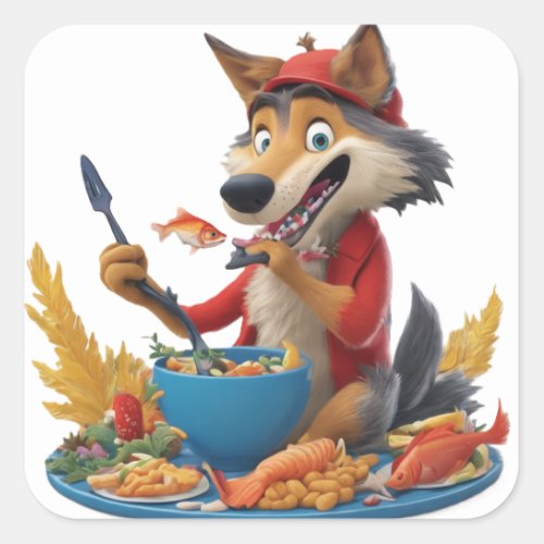 Wolf eating fish square sticker