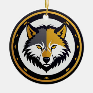 Wolf Emblem Logo With Golden Circle Ceramic Ornament