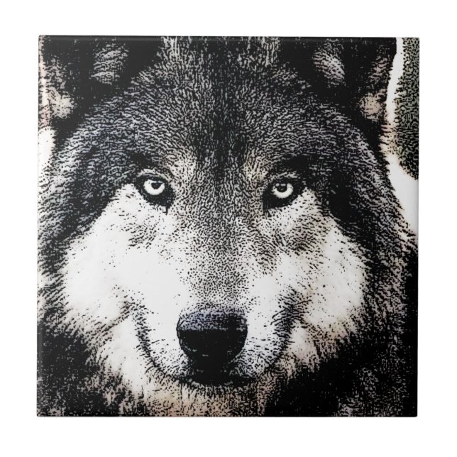 Wolf Eyes - Black & White Wild Animal Artwork Ceramic Tile (Front)