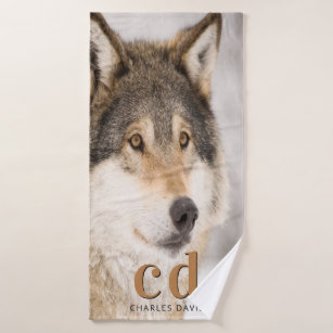 Wolf face head wildlife monogram name  bath towel