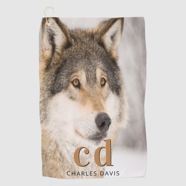 Wolf face head wildlife monogram name golf towel (Front)