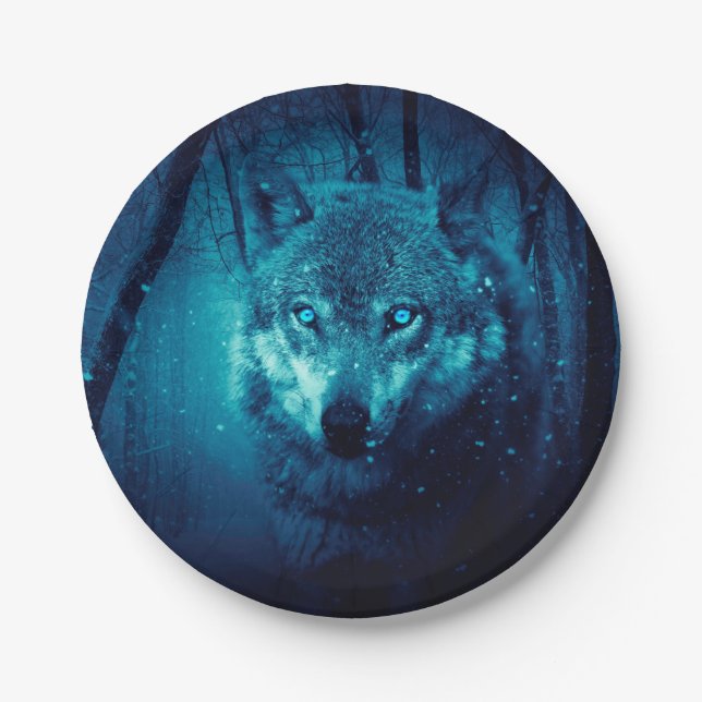 Wolf face in dark fantasy forest paper plates (Front)