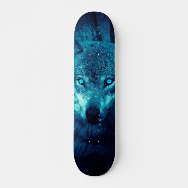 Wolf face in dark fantasy forest skateboard (Front)