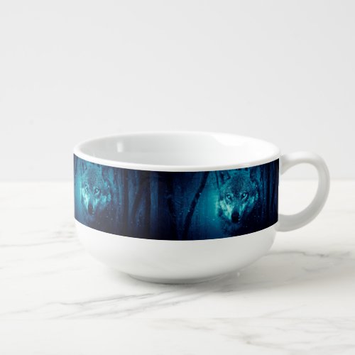Wolf face in dark fantasy forest soup mug