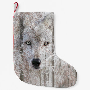 Wolf face in snow woods small christmas stocking