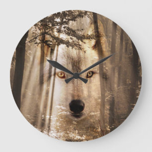 Wolf face in the woods large clock