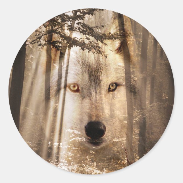 Wolf face in woods classic round sticker (Front)
