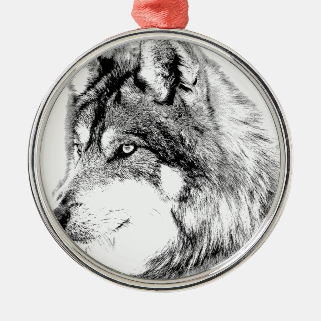 Wolf Face. Majestic Wolf Gazes Into The Distance. Metal Ornament (Front)