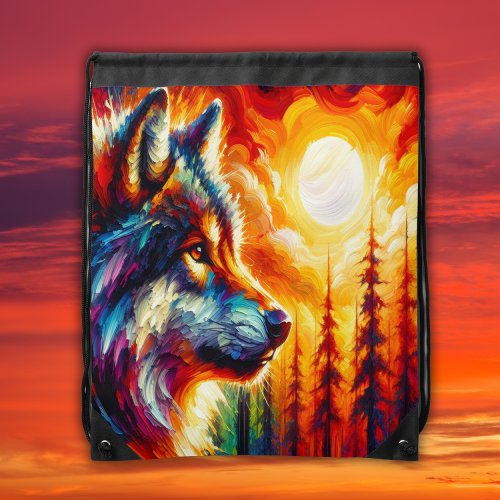 Wolf Face with Sun  Forest  Drawstring Bag