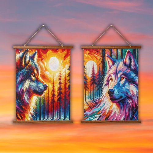 Wolf Face with Sun  Forest  Hanging Tapestry