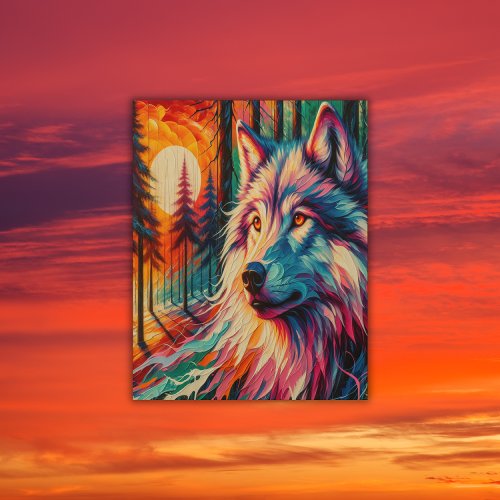 Wolf Face with Sun  Forest  Wood Wall Art