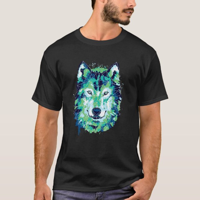 Wolf Face  Wolf  Watercolor Geometric Graphic Art T-Shirt (Front)