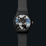 Wolf face wristwatch<br><div class="desc">Wolf, or timberwolf, face over a snowy mountainous background with parts of the background showing through the face wildlife lovers wrist watch</div>