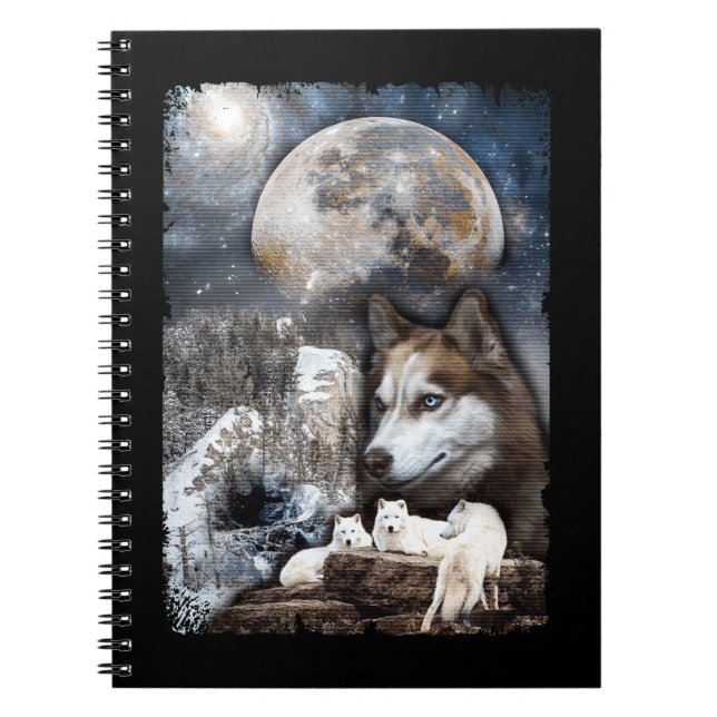 Wolf Family Moon Winter Mountain Wolves Notebook (Front)